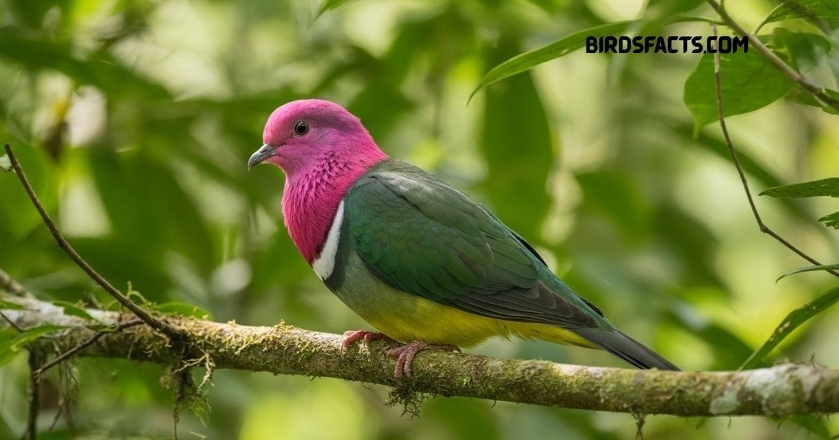 Pink-headed Fruit Dove with rosy head and green body perched on a branch