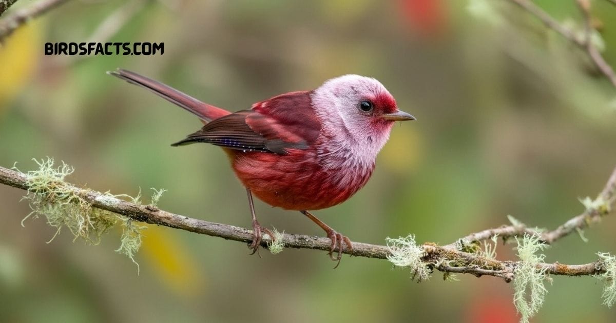 Pink-headed Warbler with rosy-pink head and grayish body perched on a branch