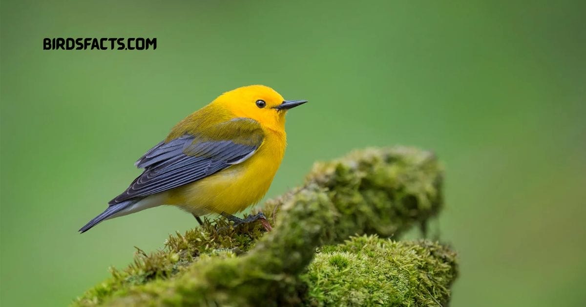 Prothonotary warbler perched on branch with bright yellow body blue gray wings and black bill