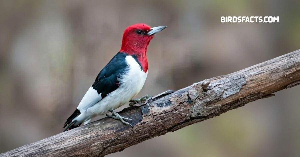 Red-headed woodpecker perched on tree branch with bright red head and white body