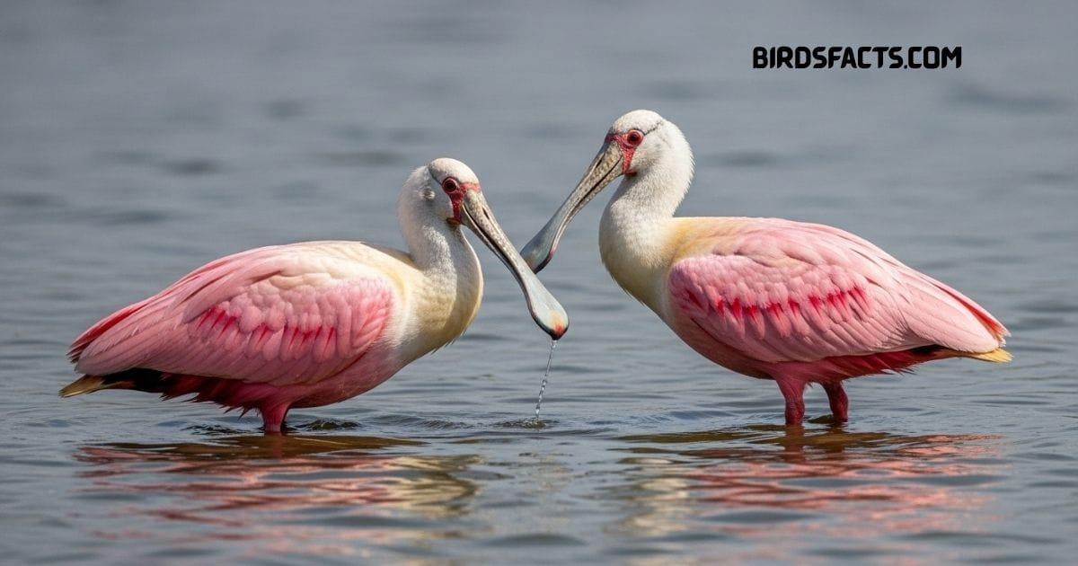 Roseate Spoonbill with pink plumage and spoon-shaped bill wading in shallow water