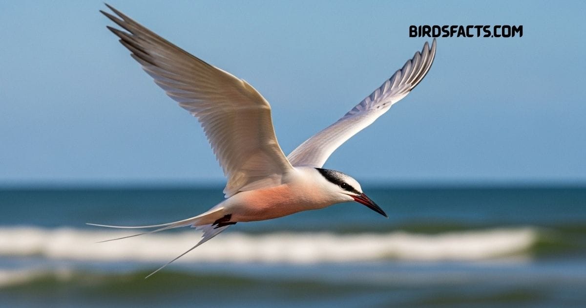 Roseate Tern with pale plumage and long tail streamers perched on a rock