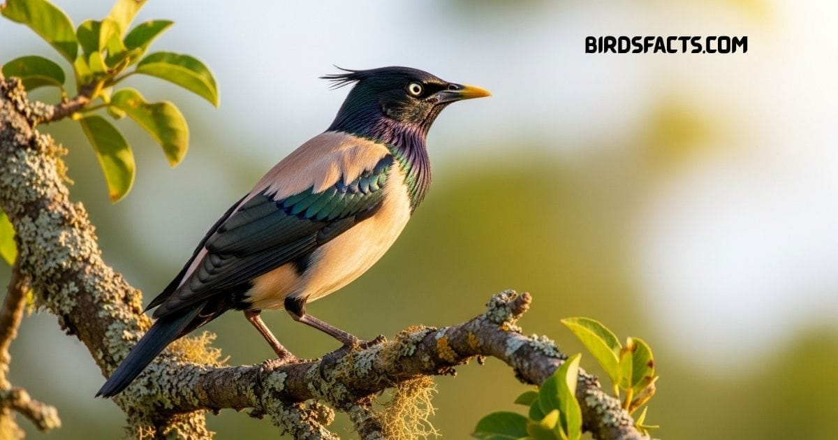Rosy Starling with pink body and glossy black head perched on a branch