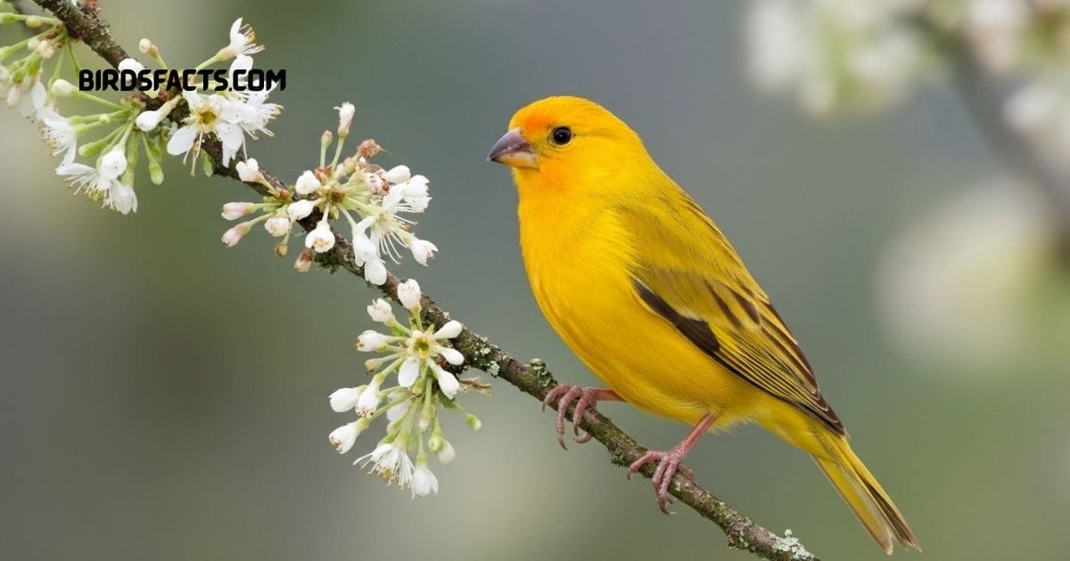 Saffron finch perched on branch with bright yellow plumage and orange crown