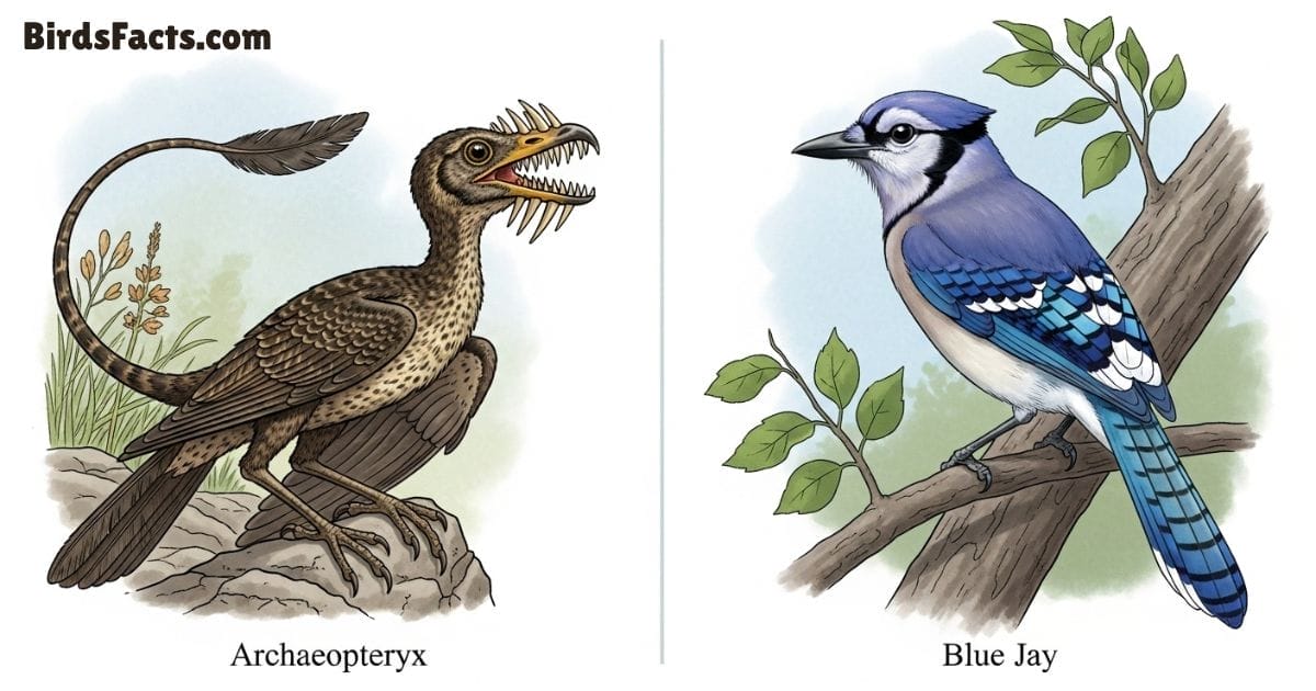 “Side-by-side illustration showing an ancient toothed bird and a modern toothless bird with a beak, highlighting evolutionary changes and advantages.”