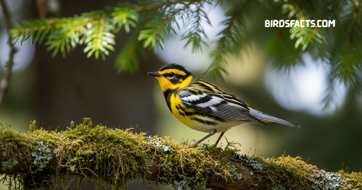 Townsend warbler perched on branch with yellow face black mask and greenish back