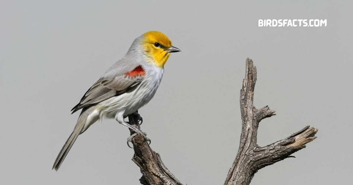 Verdin perched on branch with gray body yellow head and small sharp bill