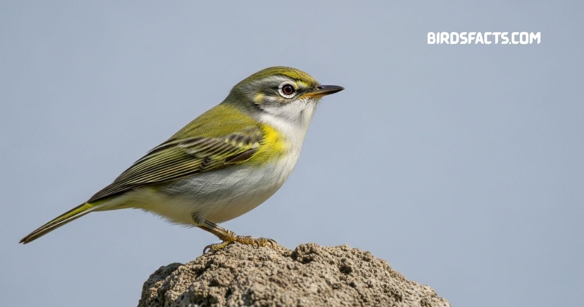 White-eyed vireo perched on branch with olive back yellow sides and white eye ring