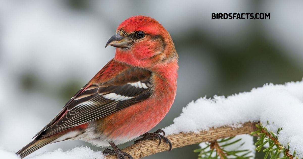 White-winged Crossbill with crossed bill tips and white wing bars perched on a branch