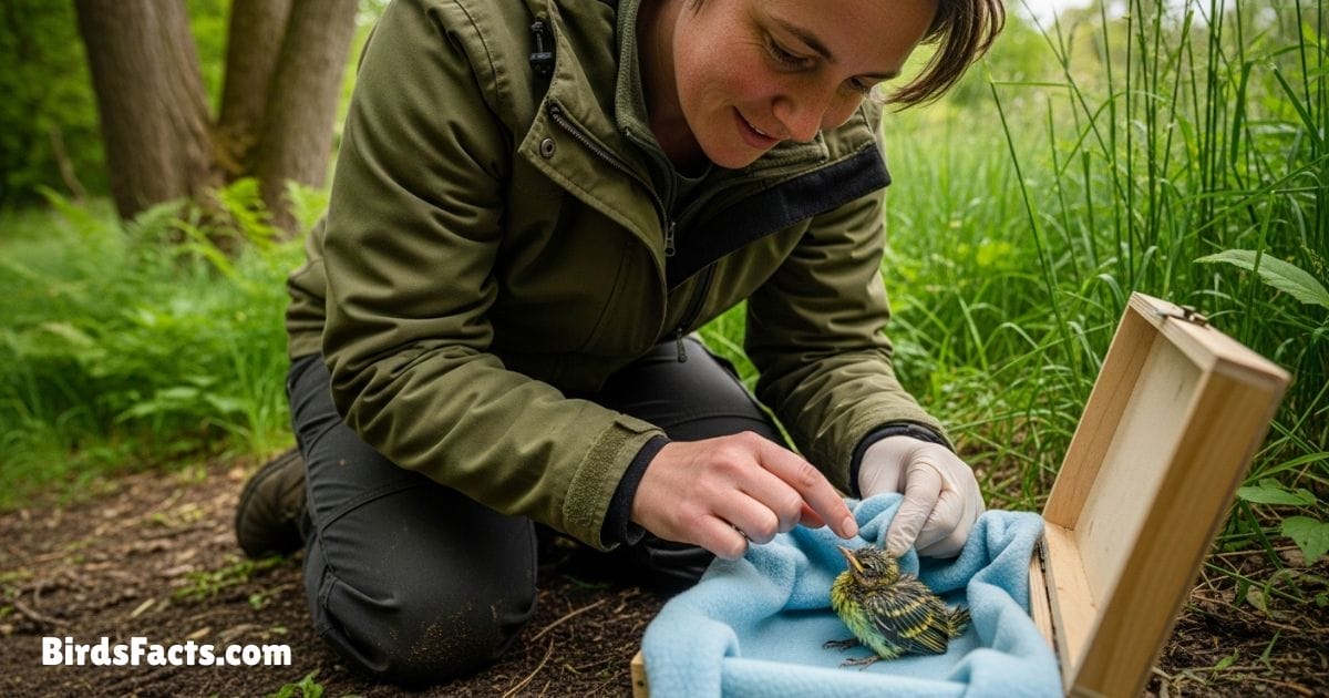 Wildlife Rescuer Gently Inspecting Baby Bird Outdoors Before Deciding Care Wildlife Rescuer Gently Inspecting Baby Bird Outdoors Before Deciding Care