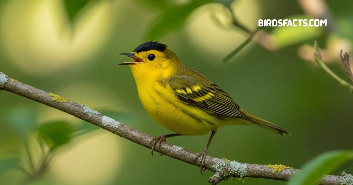 Wilson’s warbler perched on branch with bright yellow body olive back and small black cap