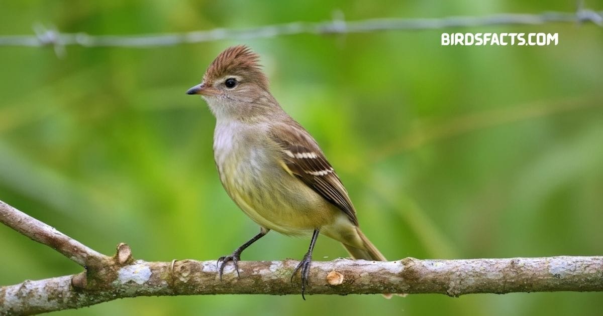 Yellow-bellied elaenia perched on branch with olive upperparts yellow belly and small crest