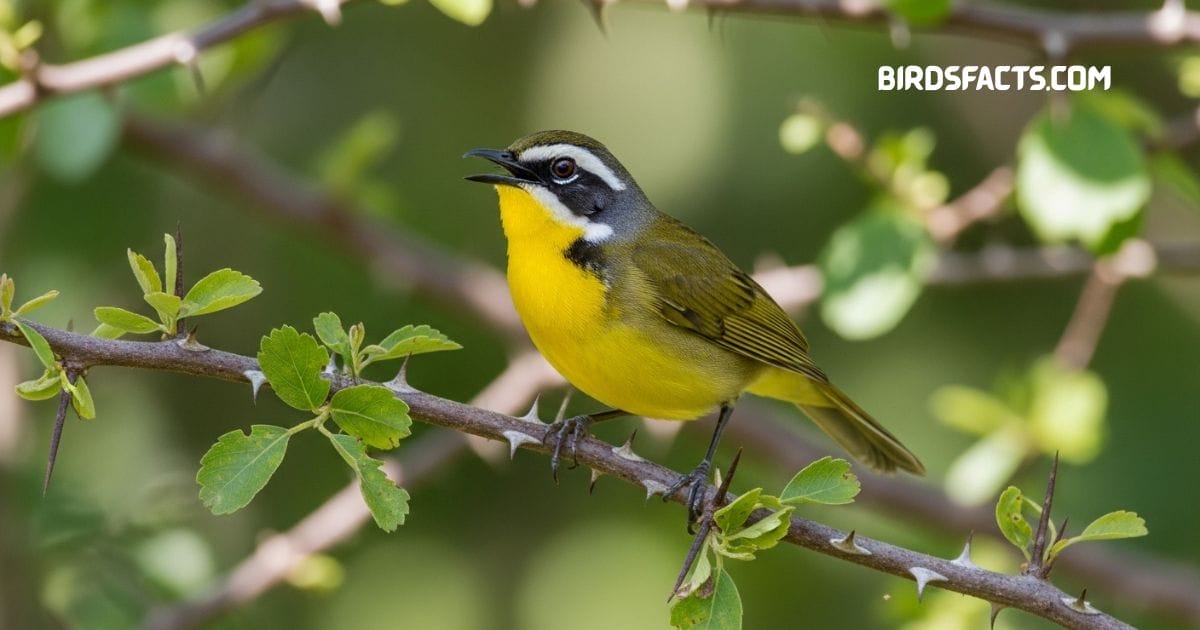 Yellow-breasted chat perched on shrub with bright yellow chest olive back and white spectacles