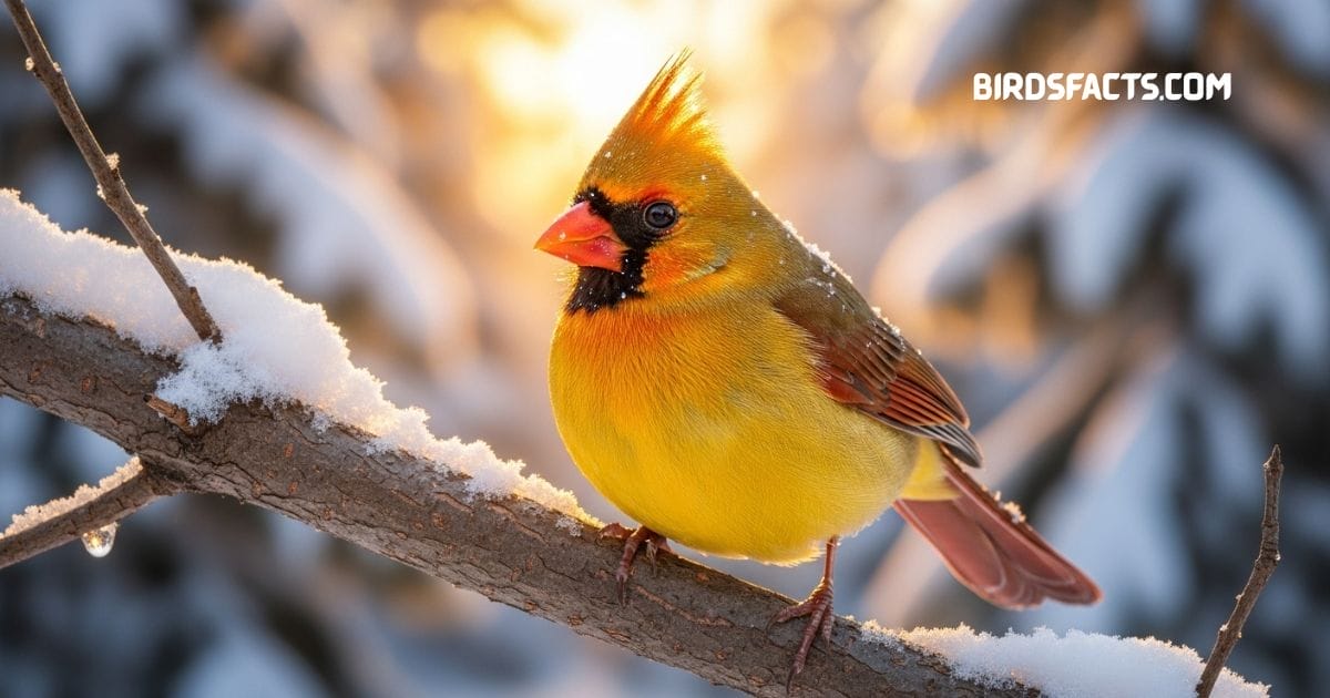 Yellow cardinal perched on branch with golden yellow plumage black mask and pointed crest