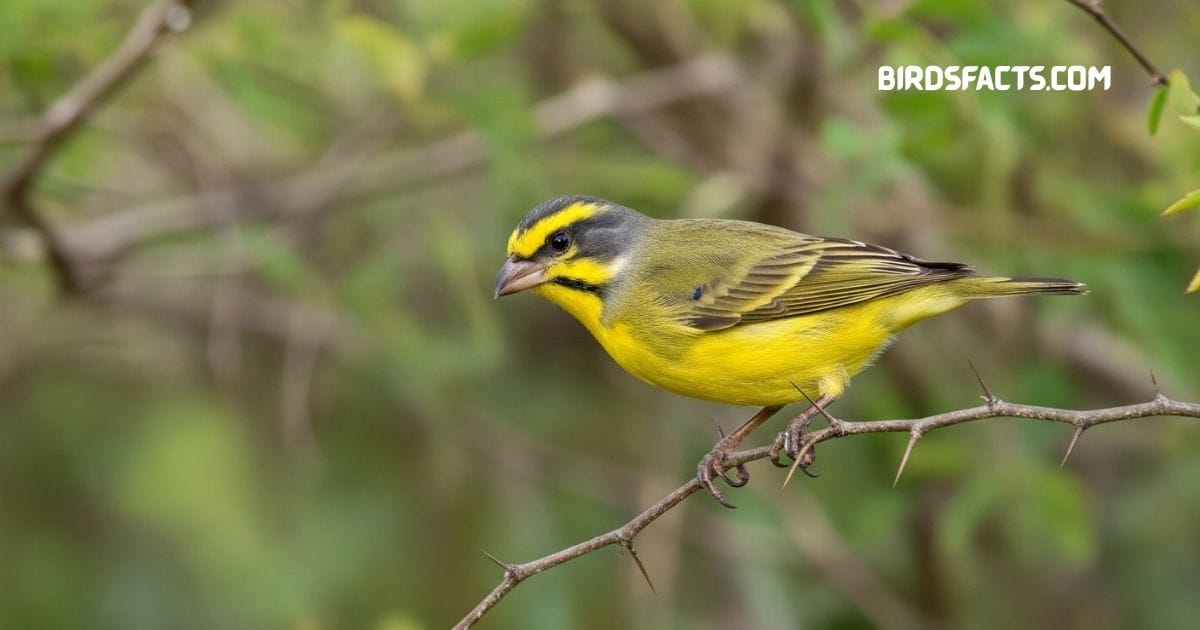 Yellow-fronted canary perched on branch with yellow body greenish back and distinct dark crown