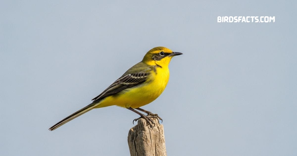 Yellow-headed wagtail standing near water with bright yellow head olive back and slender tail