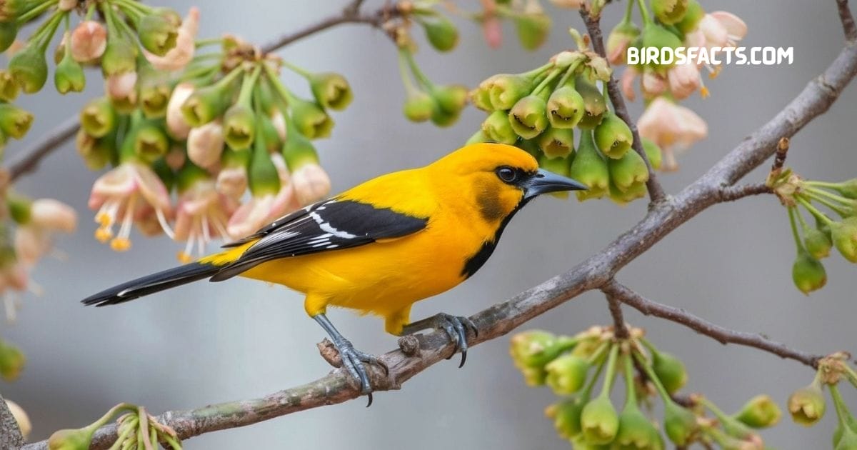 Yellow oriole perched on branch with bright yellow body black wings and black eye line