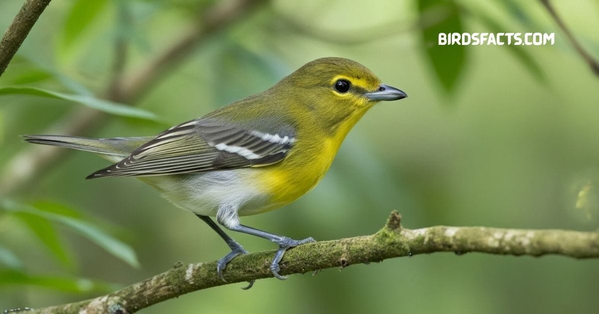 Yellow-throated vireo perched on branch with yellow throat olive back and white wing bars