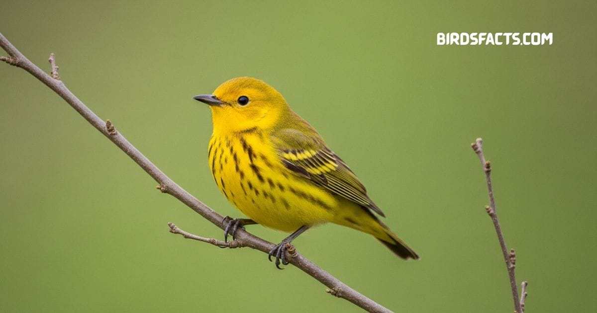 Yellow warbler perched on branch with bright yellow plumage reddish streaks and slender bill
