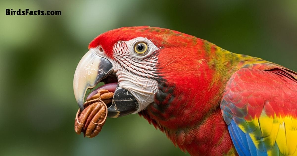 “parrot Using Its Strong Curved Beak And Tongue To Crack A Nut Showing How Birds Eat Without Teeth.”