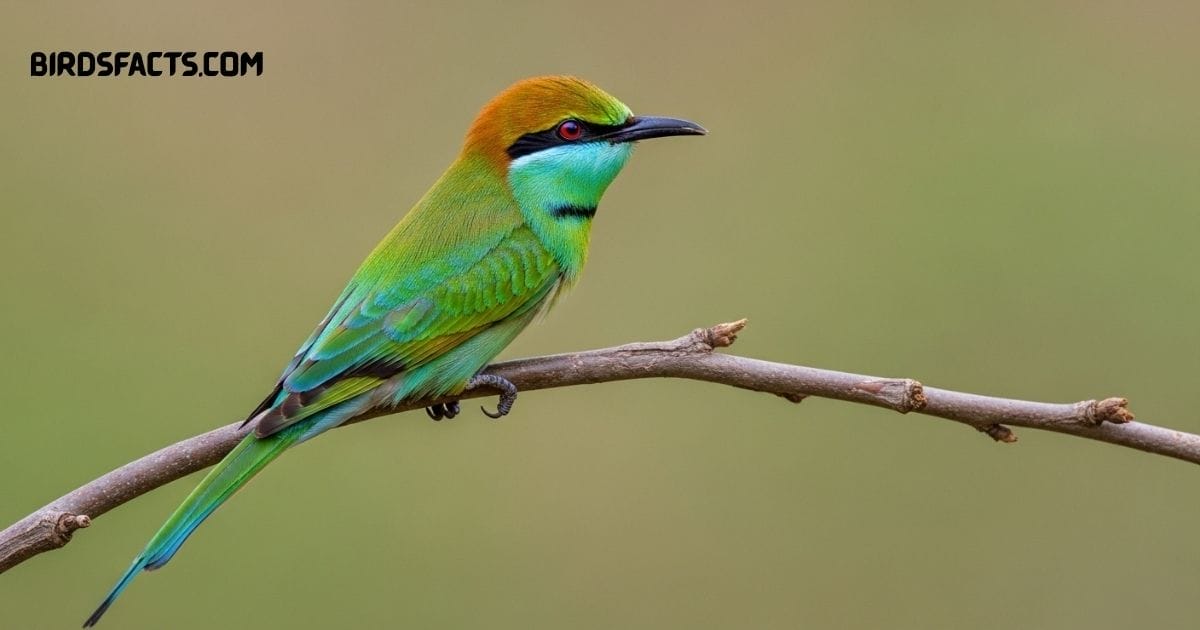 Asian Green Bee-eater with bright green plumage and long tail streamers perched on a branch