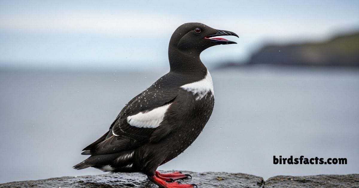 Black Guillemot resting on rocky shore showing white wing patches clearly.