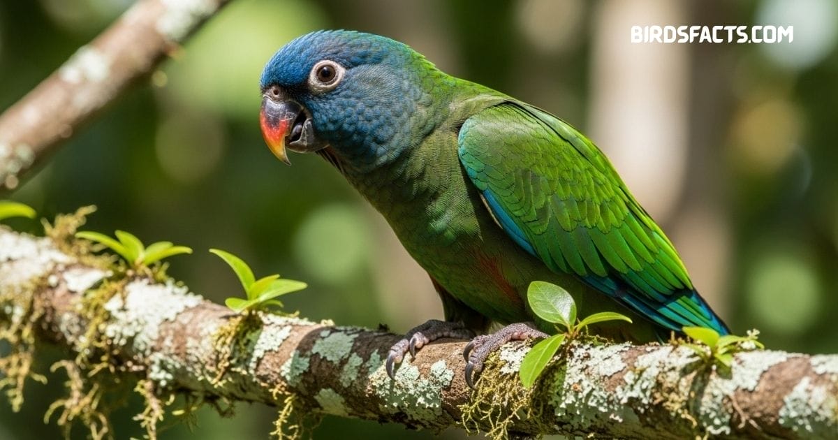 Blue-crowned Conure with green body and bright blue head perched on a branch