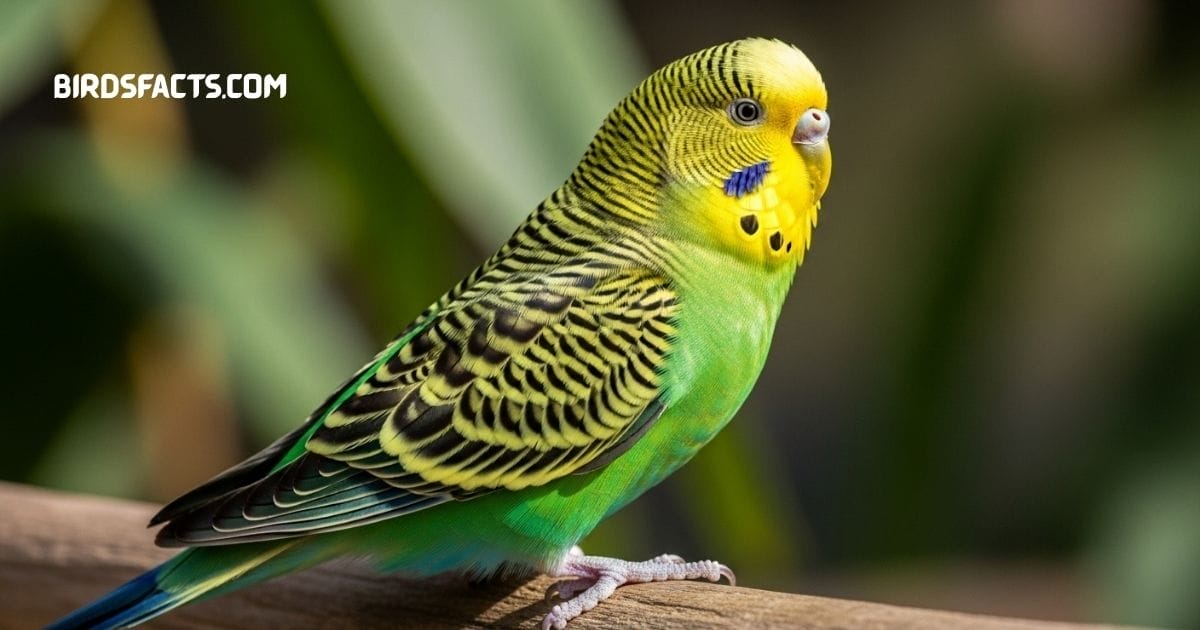 Budgie with green body and yellow head perched on a branch