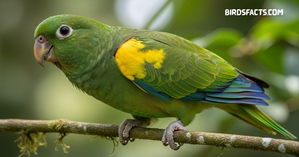 Canary-winged Parakeet with green body and bright yellow wing patches perched on a branch