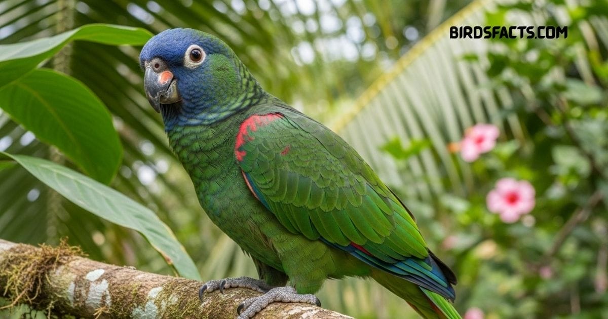 Colorful Pionus Parrot perched on a tree branch