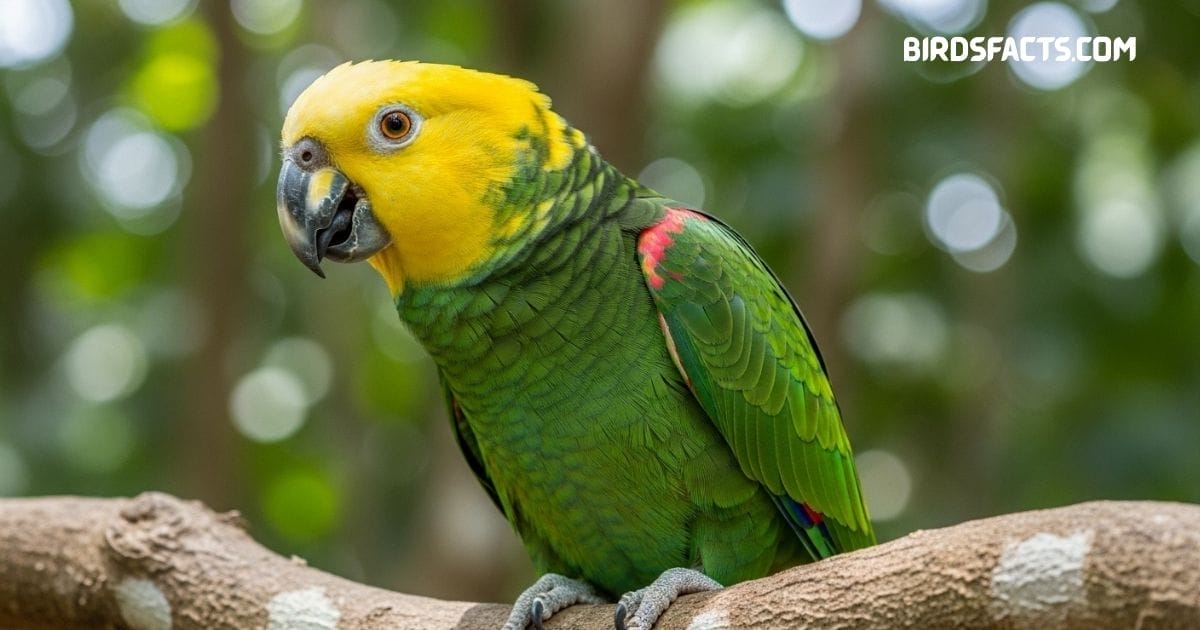 Double Yellow-headed Amazon Parrot with green body and bright yellow head perched on a branch