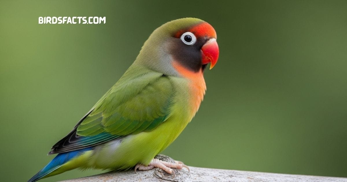 Fischer’s Lovebird with green body and orange face perched on a branch