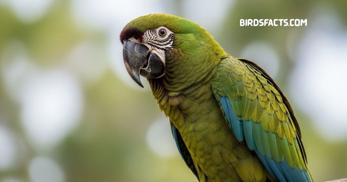 Great Green Macaw with bright green plumage and red forehead perched on a branch
