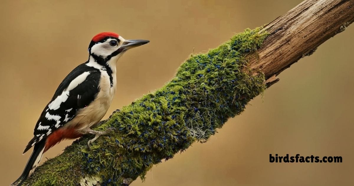 Great Spotted Woodpecker perched on tree trunk with black white plumage.