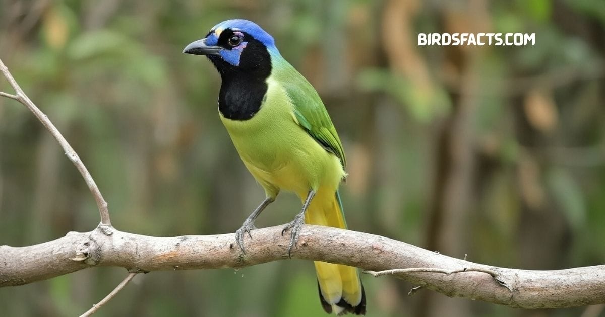 Green Jay with bright green back and blue crown perched on a branch