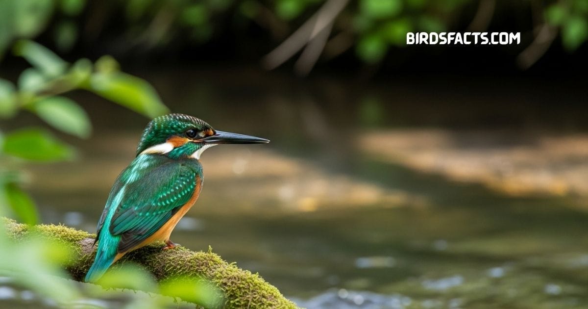 Green Kingfisher with green back and white collar perched above water