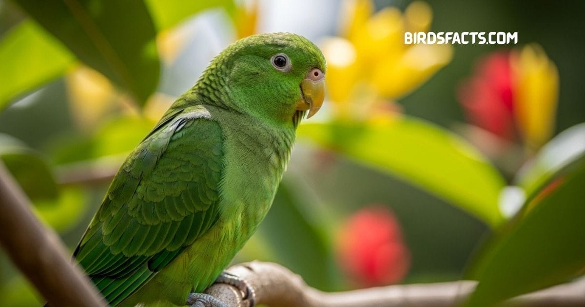 Green Parakeet with bright green plumage perched on a branch