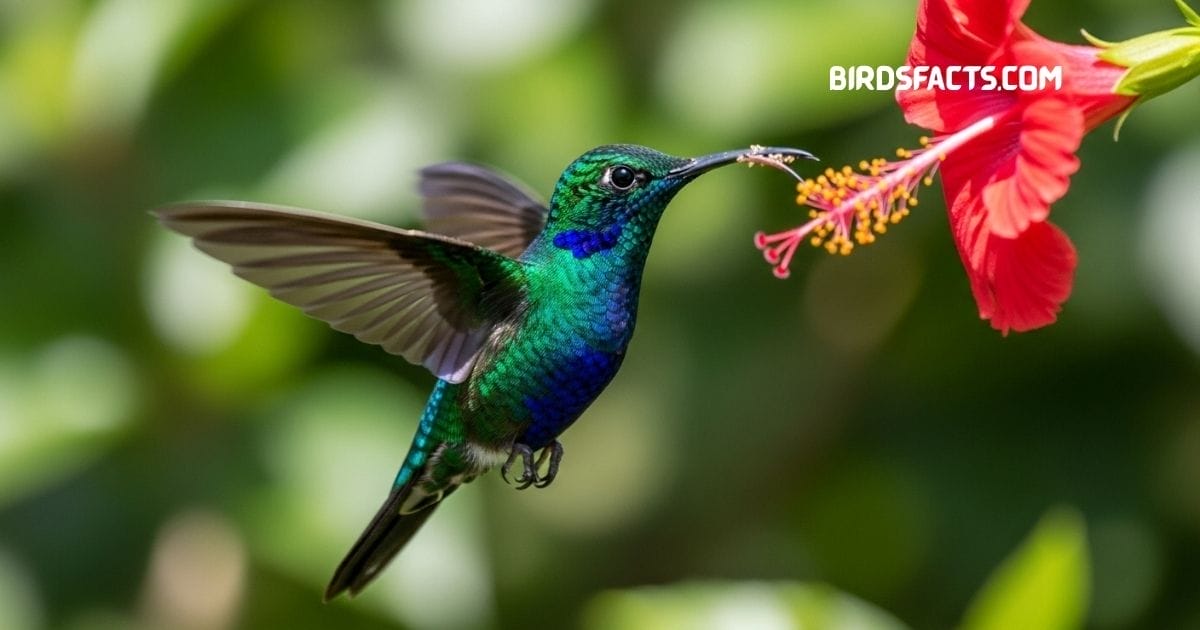 Green-breasted Mango hummingbird with shimmering green body perched on a branch