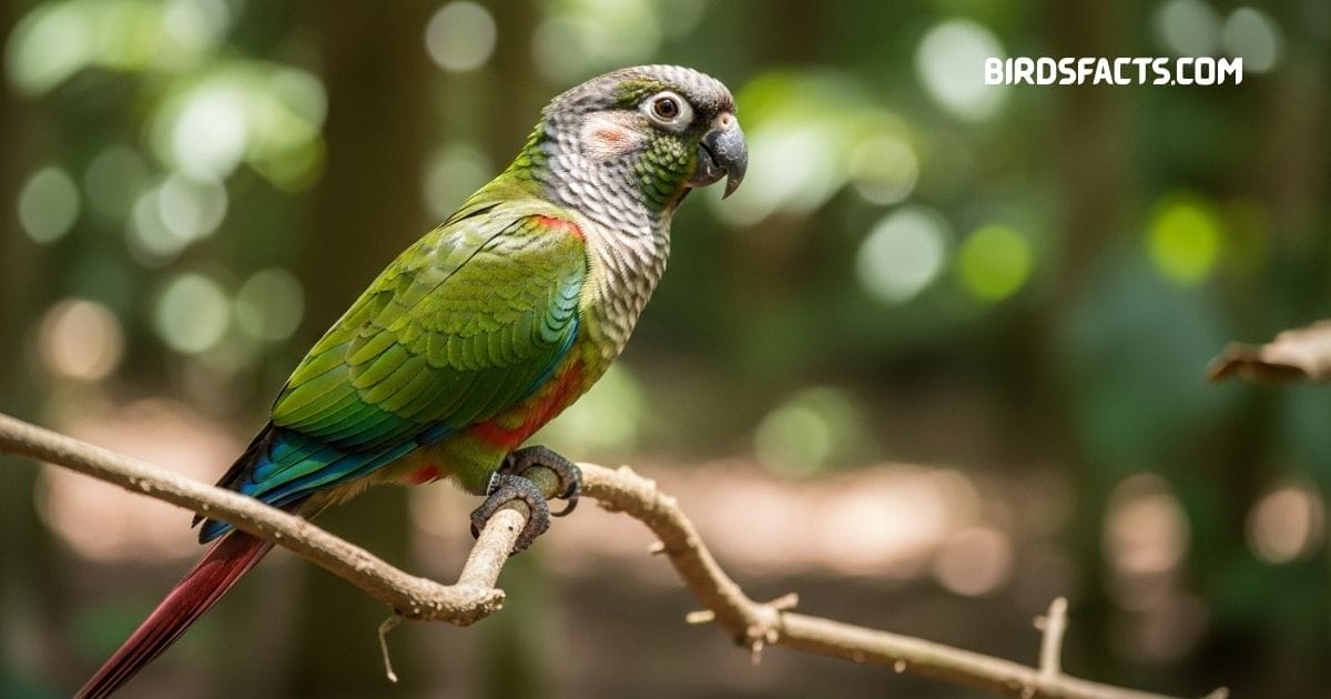 Green-cheeked Conure with green body and maroon tail perched on a branch