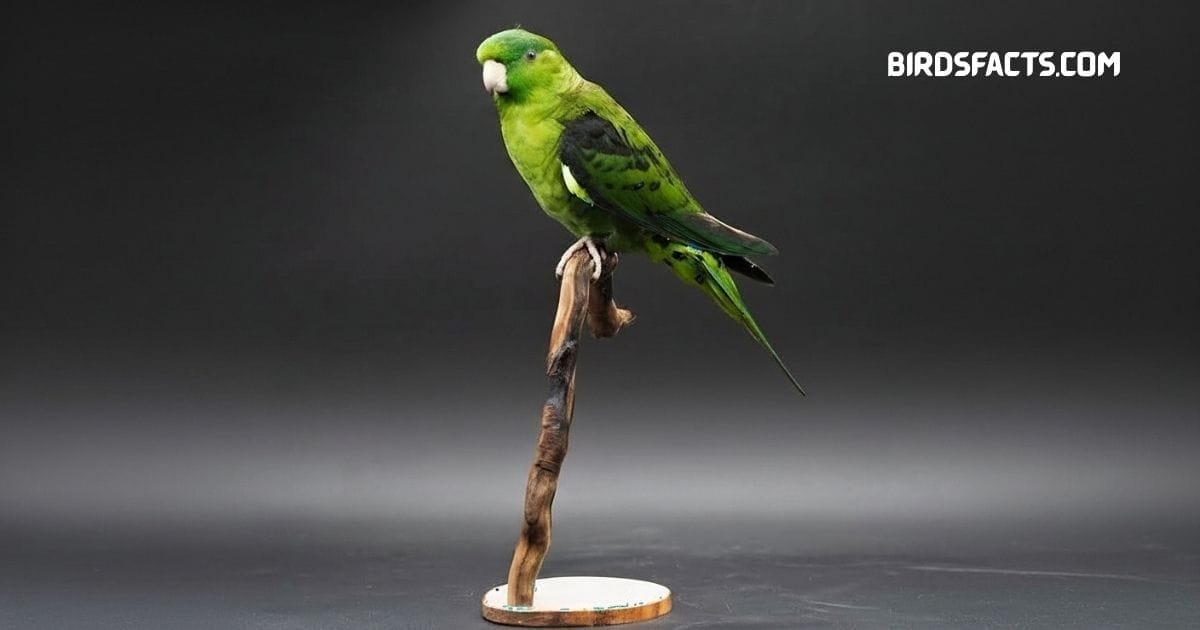 Lineolated Parakeet with green plumage and dark streaks perched on a branch