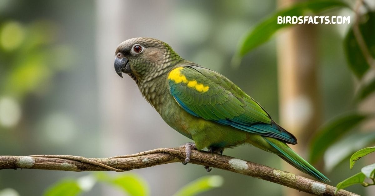 Meyer’s Parrot with gray head and green body perched on a branch