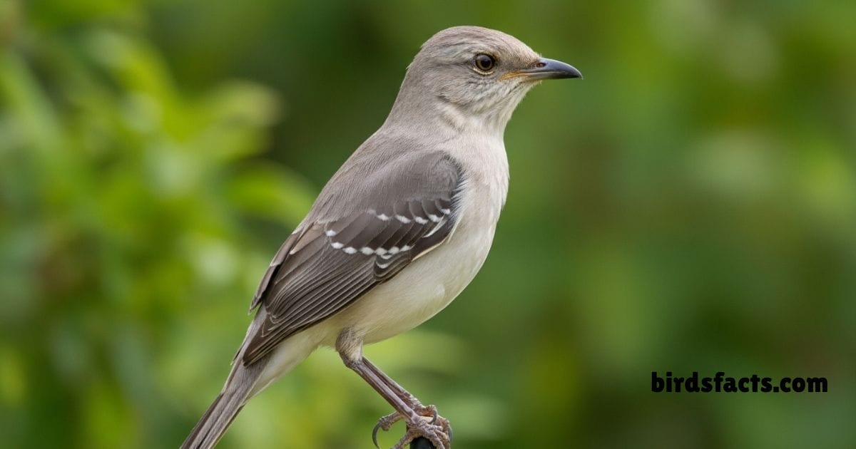 Northern Mockingbird perched on branch showing gray wings white tail feathers.