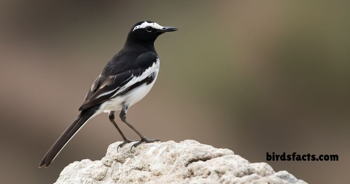 White Browed Wagtail Standing Near Water Showing Black White Tail Plumage.