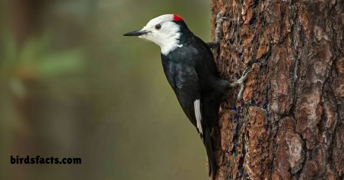 White Headed Woodpecker Clinging To Tree Showing Black White Body Plumage.