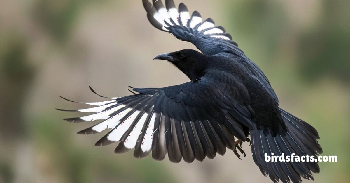 White Winged Chough Walking On Ground Showing Black White Wing Feathers.