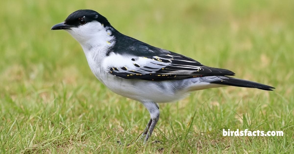 White Winged Triller Perched On Branch Showing Black White Wing Pattern.
