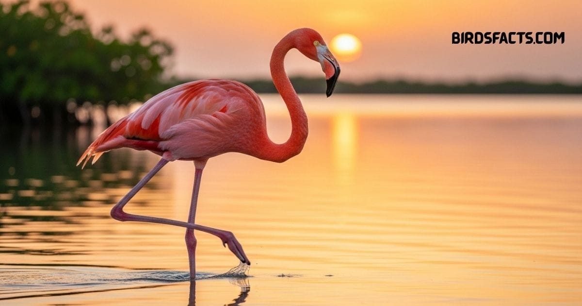 American Flamingo with bright pink plumage and long legs standing in shallow water
