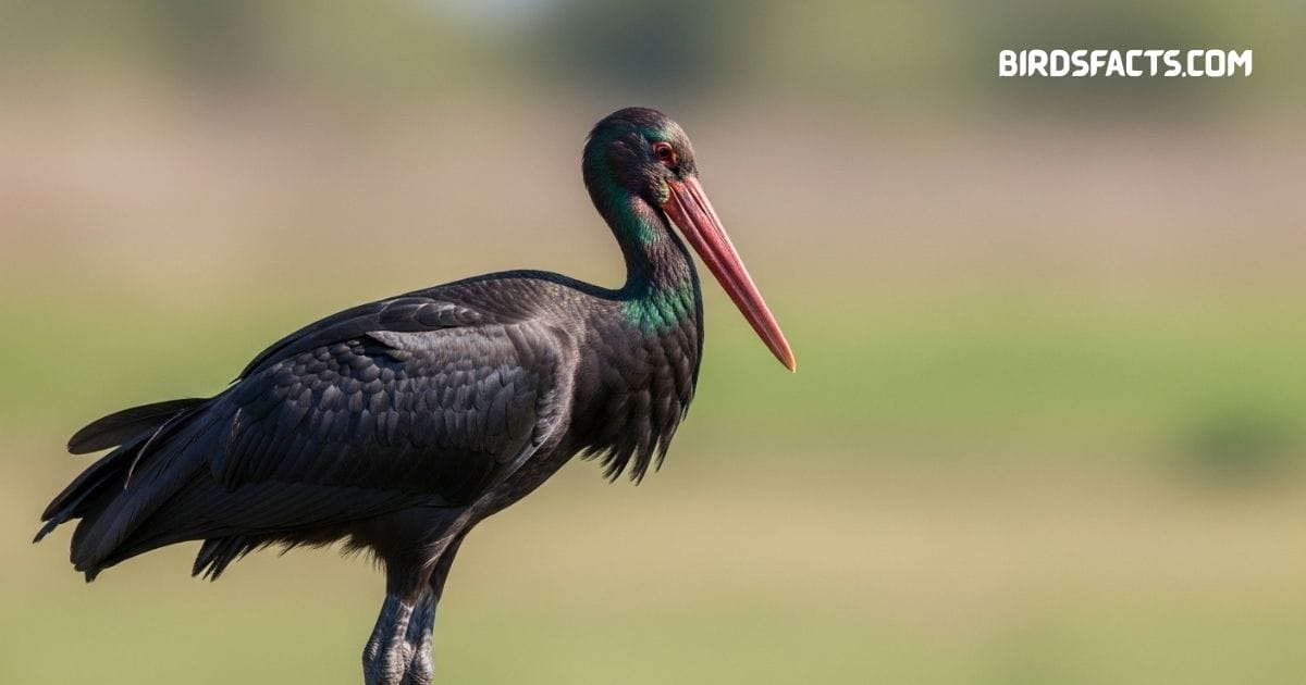 Black Stork with dark plumage and long red bill standing in shallow water