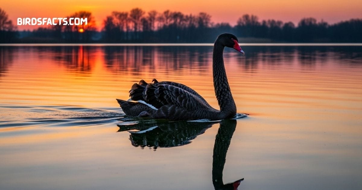 Black Swan with dark plumage and bright red bill swimming on a lake