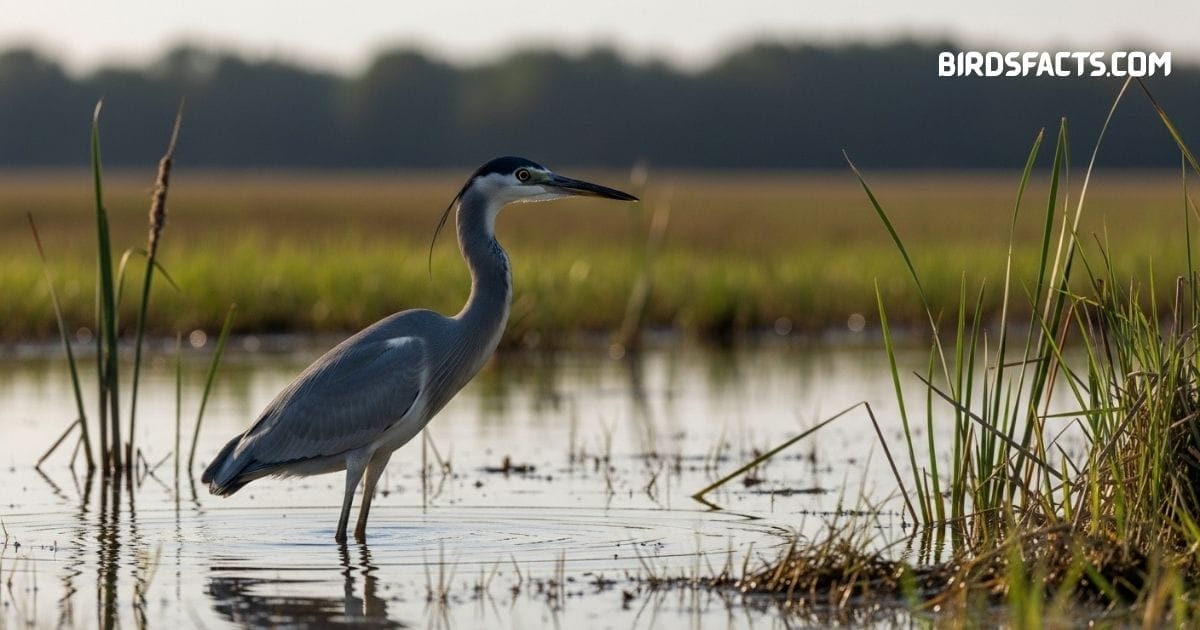 Black-headed Heron with gray body and dark head standing in grassland